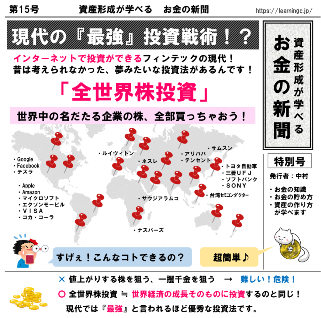 現代の『最強』投資戦術！？ 全世界株投資 【資産形成が学べるお金の新聞#15】 |  ＡＩキャンプ｜株式会社ラーニングライト｜中村俊也WEBサイト｜生成AI・ChatGPT活用支援｜静岡｜ＡＩ研修